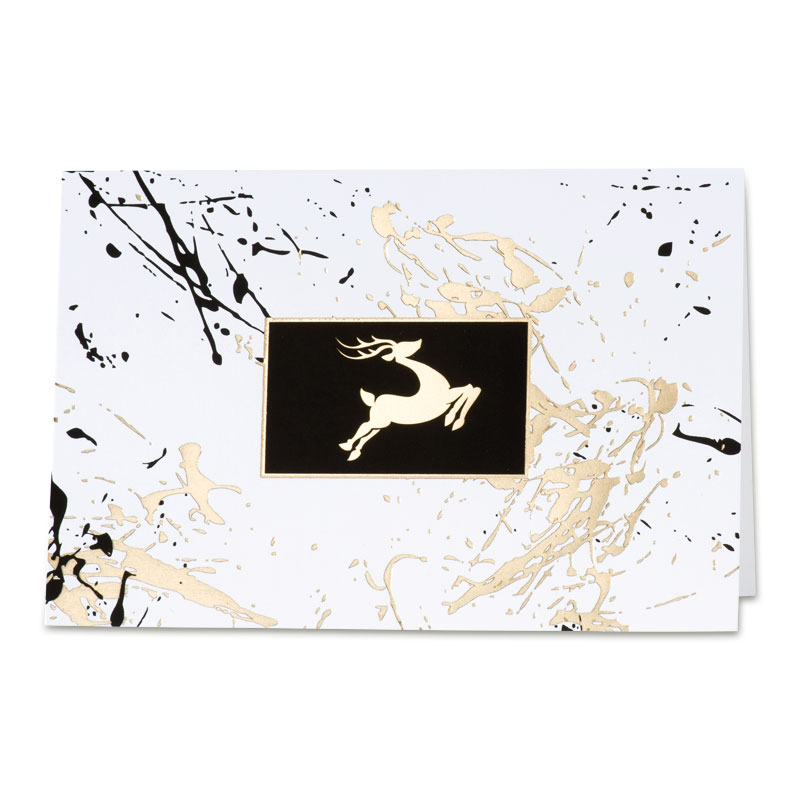 Moderne Weihnachtskarte mit Rentier und Farbklecksen in Schwarz und Gold