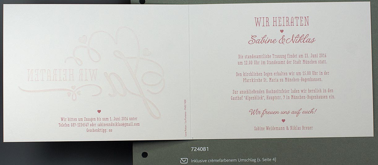 Hochzeitskarte cremeweiß mit altrosa Tiefprägung im Sonderformat