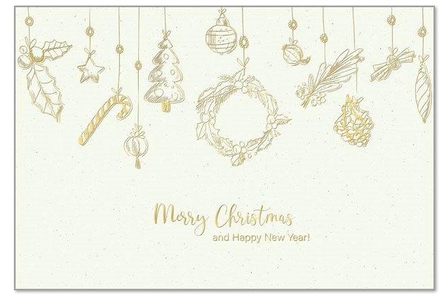Cremeweiße Weihnachtskarte "Edler Festschmuck" mit englischsprachigem Weihnachtsgruß in Goldprägung