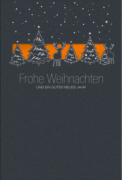 Anthrazitfarbene Weihnachtskarte mit Stanzung und orangenem Einleger zugunsten dem Deutschen Kinderhilfswerk