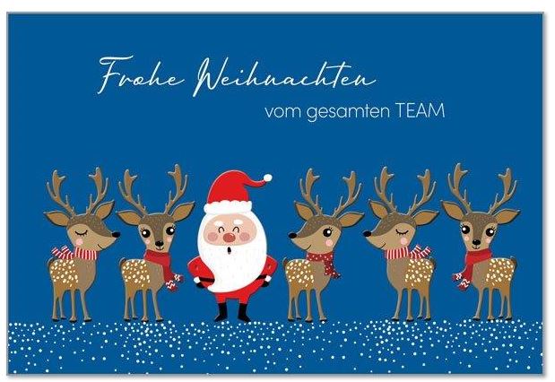 Heitere Team-Weihnachtskarte mit Spende für das Deutsche Kinderhilfswerk e.V. mit Weihnachtsmann und Rentieren