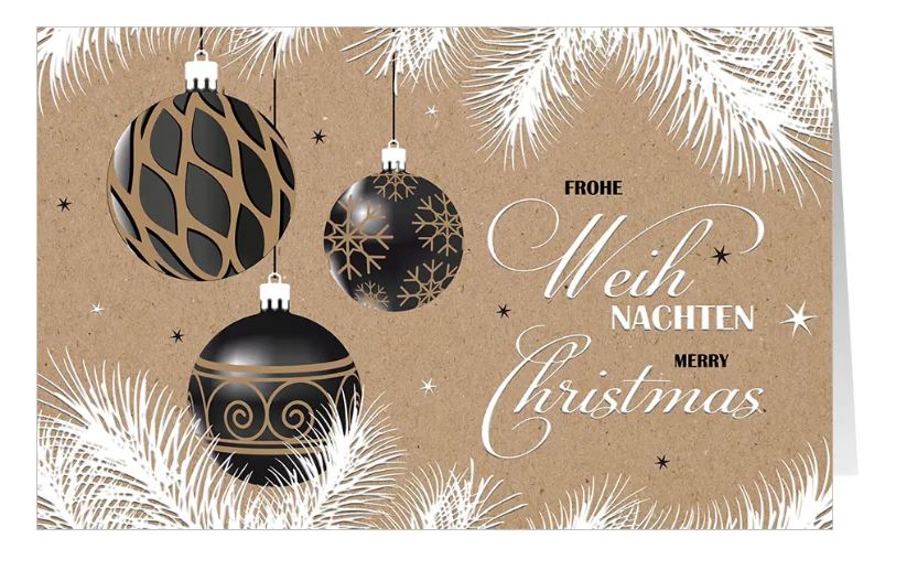 Festliche Weihnachtskarte "Zum Weihnachtsfest" mit deutsch-englischem Weihnachtsgruß und schwarzen Kugeln