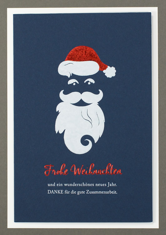 Weihnachtskarte dunkelblau mit Weihnachtmann und Dank
