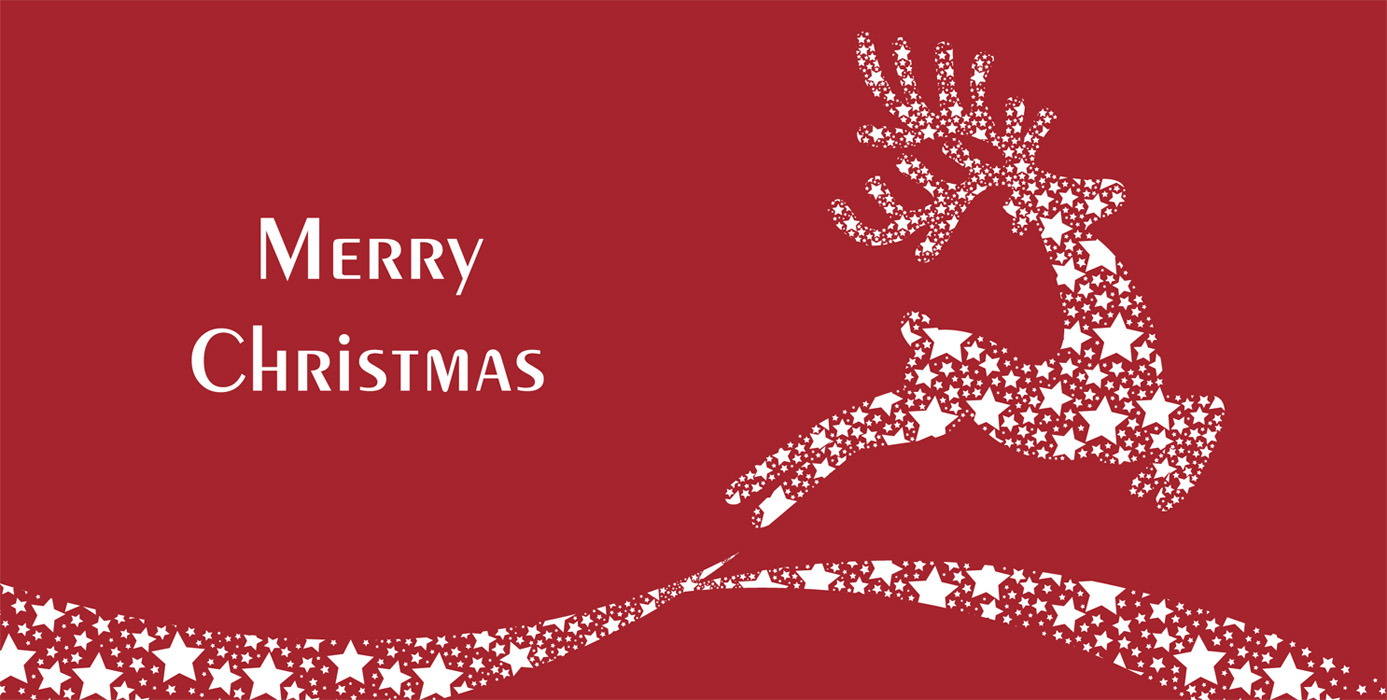 Weihnachtskarte rot mit weißem Text und springendem Rentier