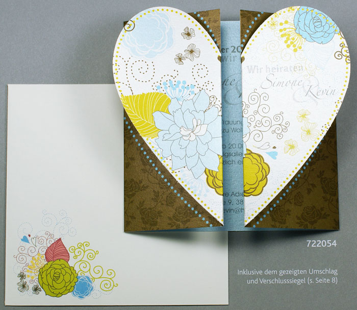 Hochzeitskarte ba722054 Herz-Formstanzung retro Blumenmotive