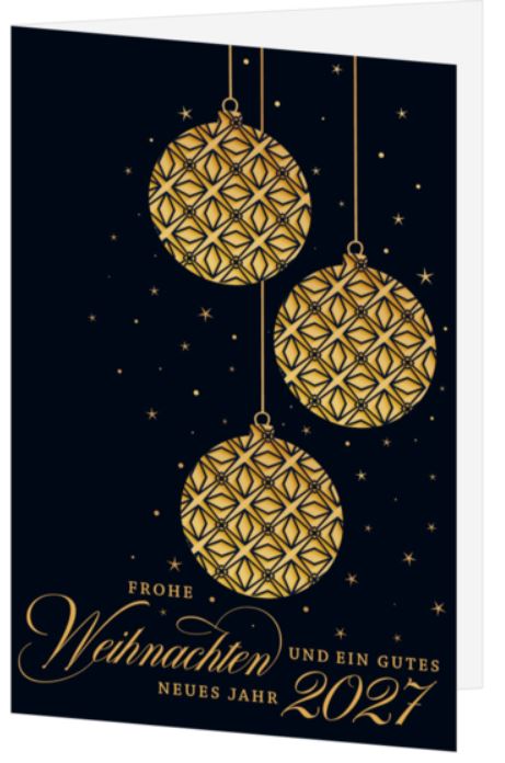 Elegante Spendenkarte zugunsten WAR CHILD mit hängenden Weihnachtskugeln und festlichen Grüßen mit Jahreszahl 2027