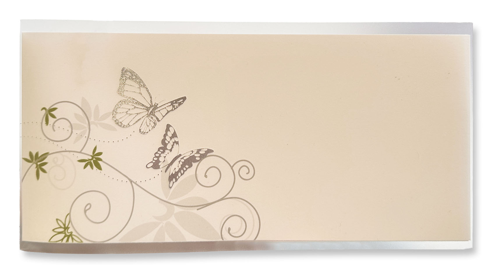 Einladungskarte "Butterfly Dreams" mit Kunststoff-Transparent und silbergeprägten Schmetterlingen, DIN lang