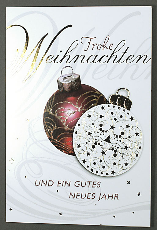Weihnachtskarte weiß mit zwei Weihnachtskugeln