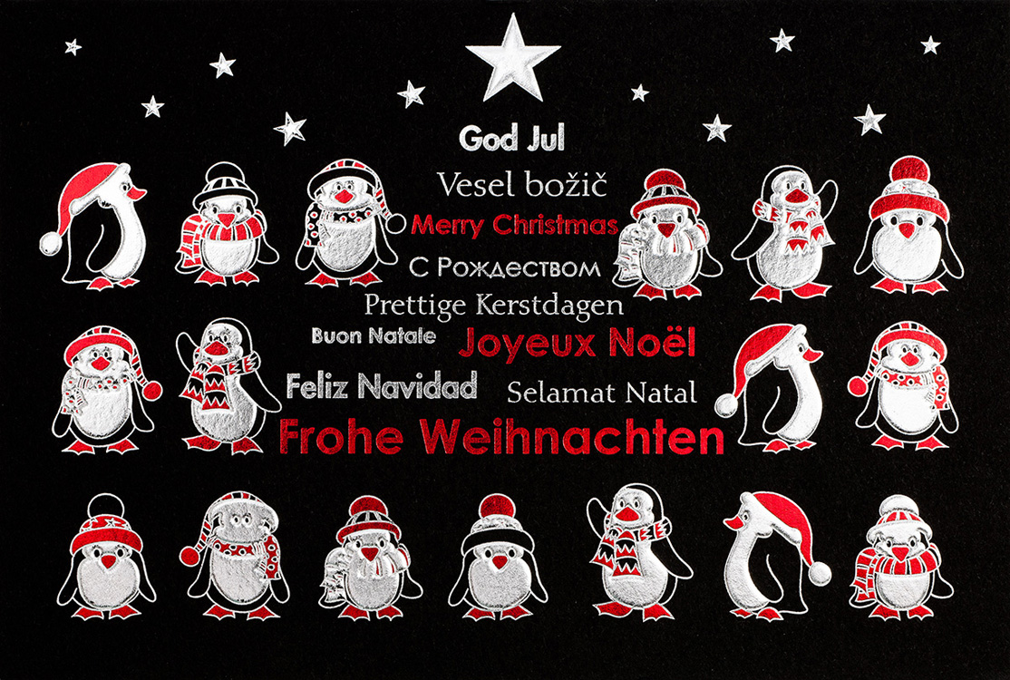 Weihnachtskarte schwarz mit Pinguinen und mehrsprachigem Text