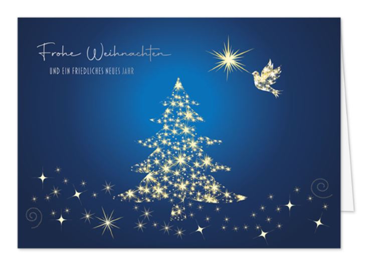 Weihnachts-Spendenkarte „Friedenstaube & Sternenbaum“ in Dunkelblau zugunsten der Kinder-Krebs-Stiftung