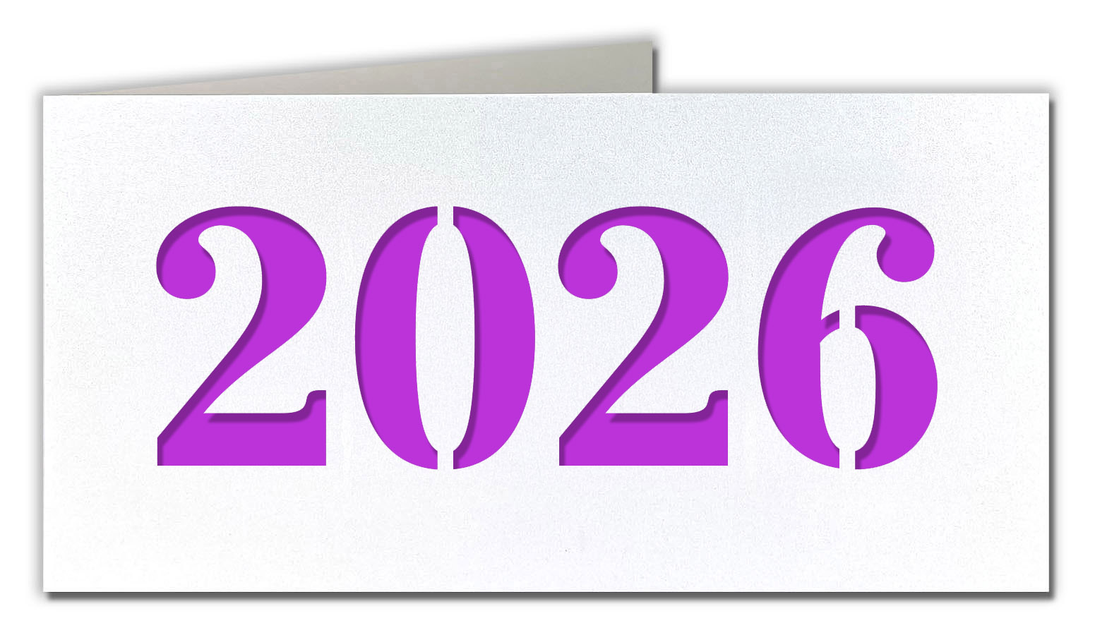 Neujahrskarte metallic weiß mit Laserstanzung 2026 und lilafarbenem Einlegeblatt