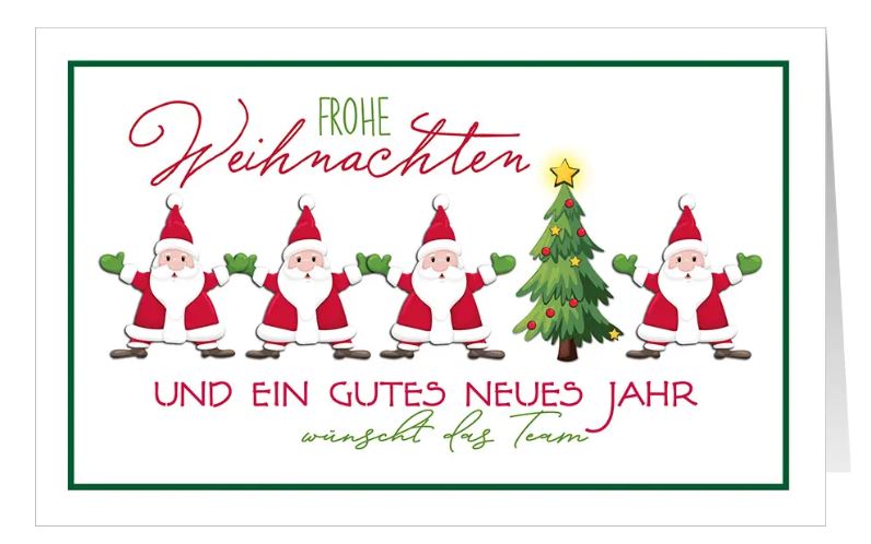 Lustige Firmenweihnachtskarte "Working together" mit Team-Weihnachtsgruß und fröhlichen Weihnachtsmännern