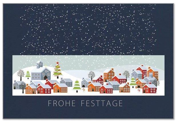 Winterliche Spendenkarte mit herausnehmbarem Lesezeichen im verschneiten Dorf-Motiv und Spende für das Deutsche Kinderhilfswerk e.V.