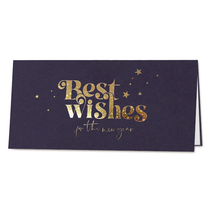Elegante Neujahrskarte in Dunkelblau mit Goldfolienprägung "Best Wishes for the new year" und Sterne, DIN lang