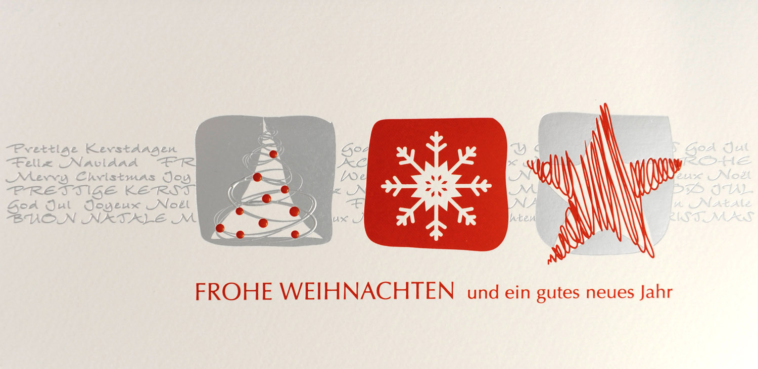 Weihnachtskarte creme mit weihnachtlichen Motiven und internationalen Wünschen