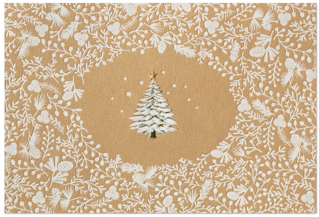 Naturbraune Weihnachtskarte mit Gold- und Weißfolienprägung von Baum und floralem Rahmen, inkl. Einlegeblatt