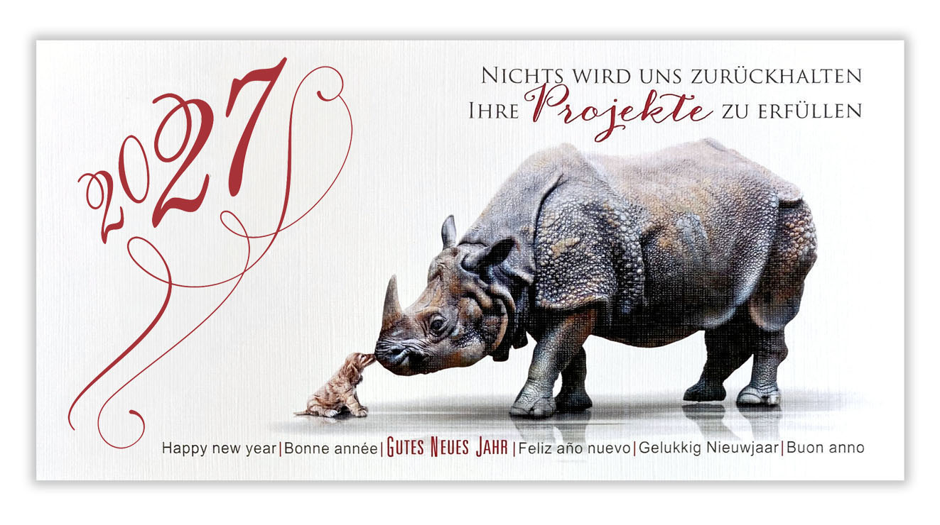 Witzige Neujahrskarte 2027 international mit Hund und Nashorn - Projekte erfüllen