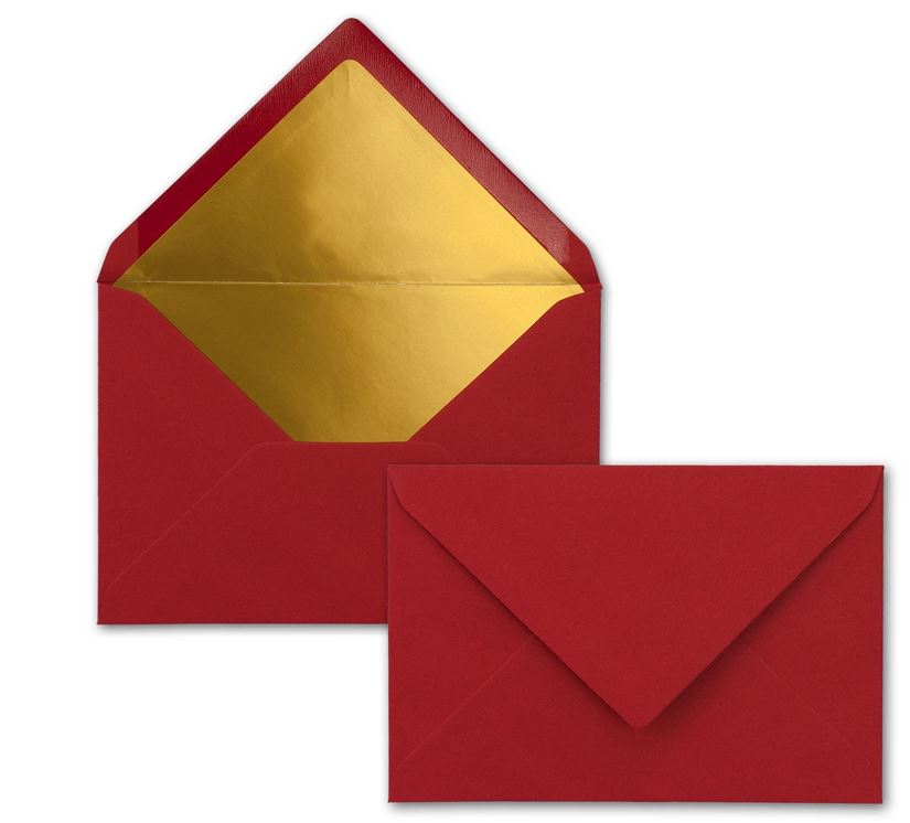 Briefumschlag DIN C6, 16,2 x 11,4 cm, nassklebend, 120g, dunkelrot mit goldenem Innenfutter