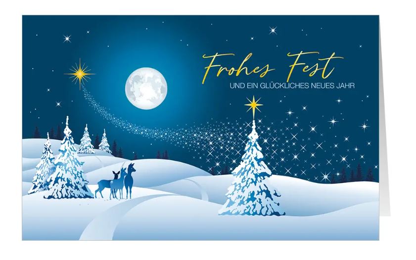 Winterliche Weihnachtskarte "Nacht der Hirsche" mit Vollmond, Sternen und Hirschfamilie sowie weihnachtlichen Grüßen