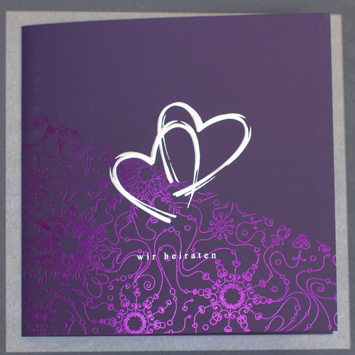 Hochzeitseinladungskarte ex721042 violett silberne Herzen 16x16