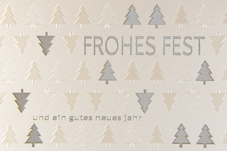 Weihnachtskarte mit Text, Weihnachtsbäumen, Folien- und Reliefprägung