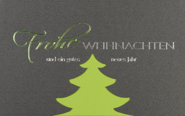 Weihnachtskarte grau Frohe Weihnachten und ein gutes neues Jahr mit gestanztem Weihnachtsbaum