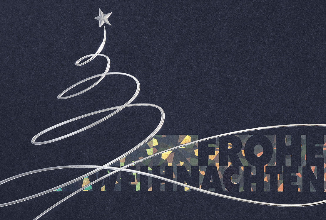 Weihnachtskarte nachtblau Weihnachtsbaum und Holographie-Effekt