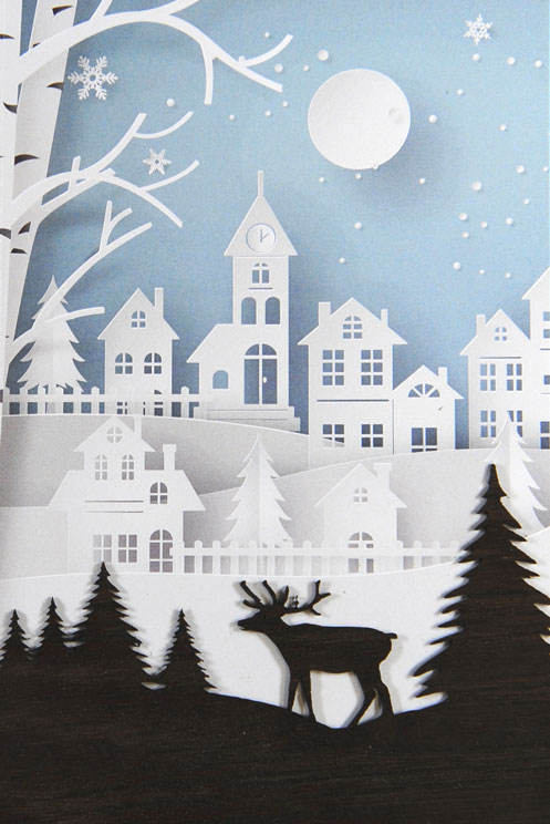 Edle Weihnachtskarte mit Dorfsilhouette und Echtholzfurnier