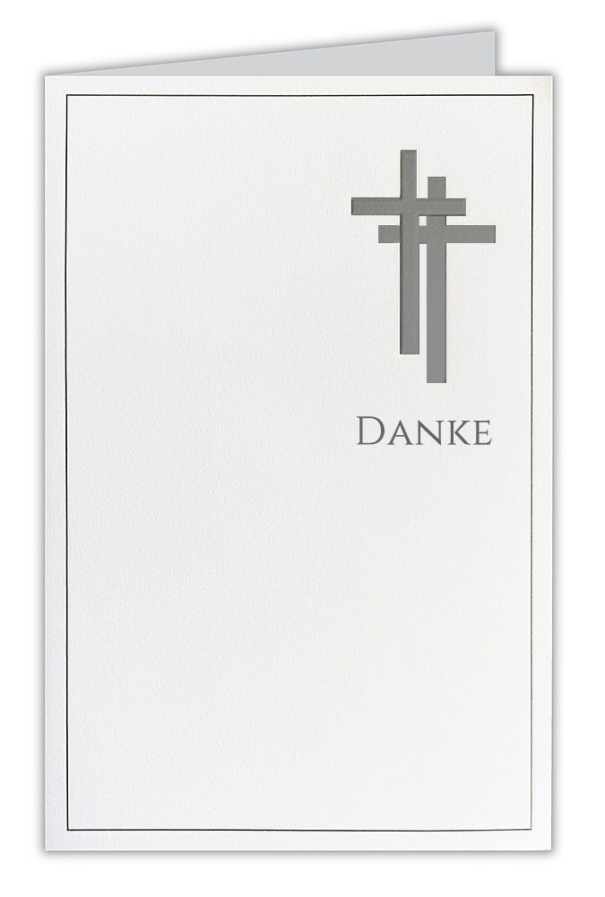 Trauer-Danksagungskarte in weiß mit grauem Doppelkreuz und Trauerrahmen