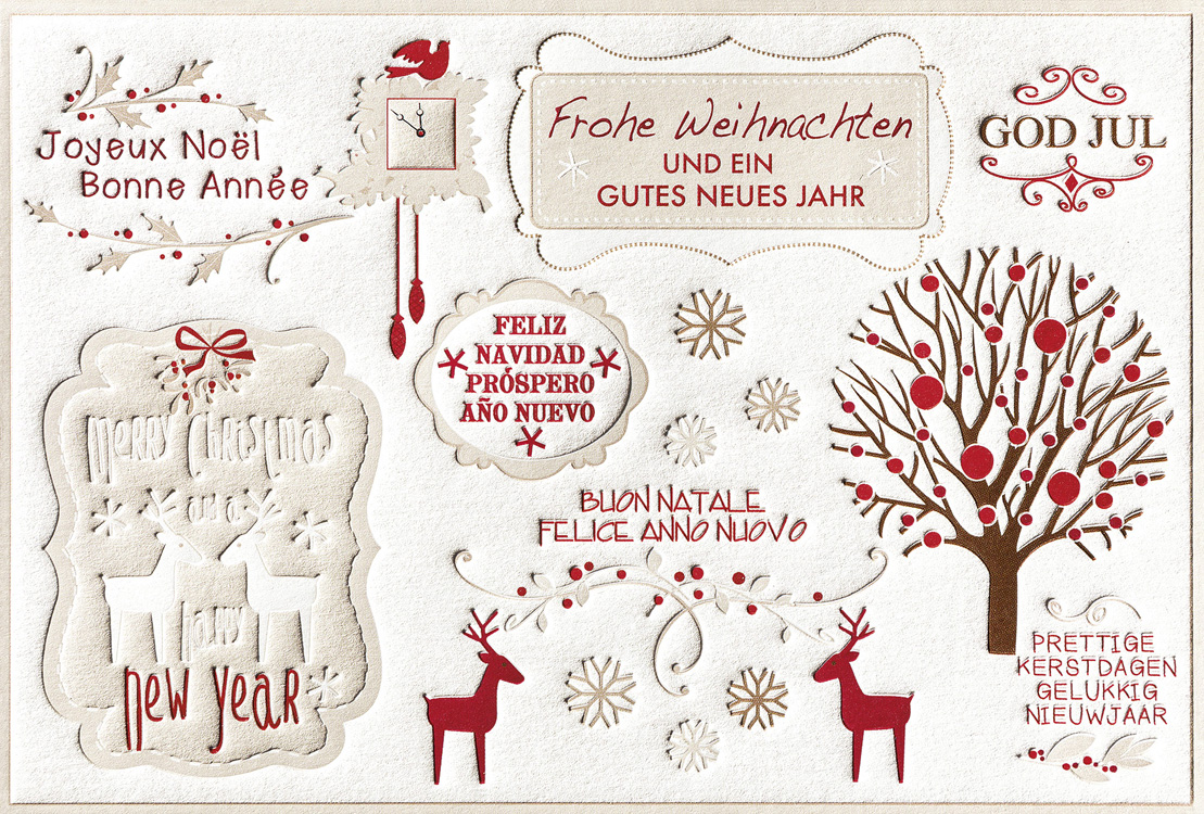 Weihnachtskarte weiß mit internationalen Wünschen und Motiven