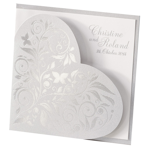 Hochzeitskarte silber-perlmut-metallic mit Herz-Formstanzung
