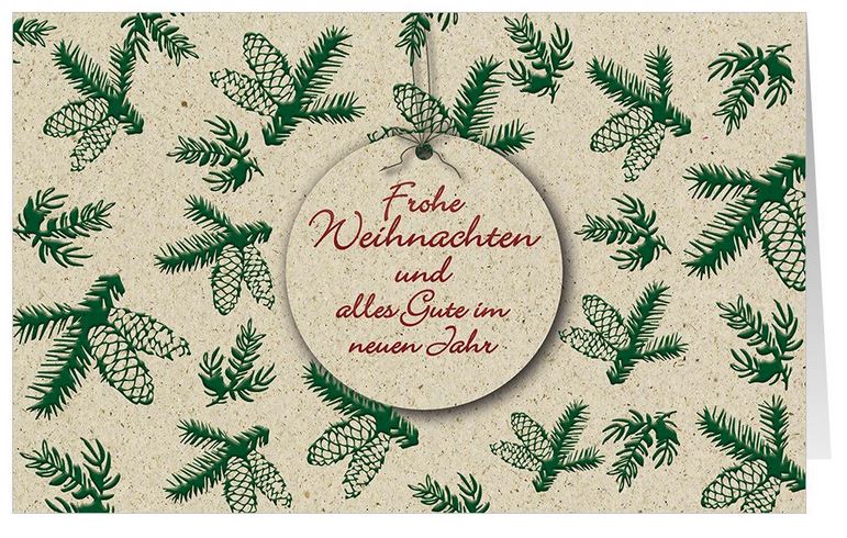 Weihnachtskarte aus Graspapier-Karton mit Tannenzweigen und Zapfen