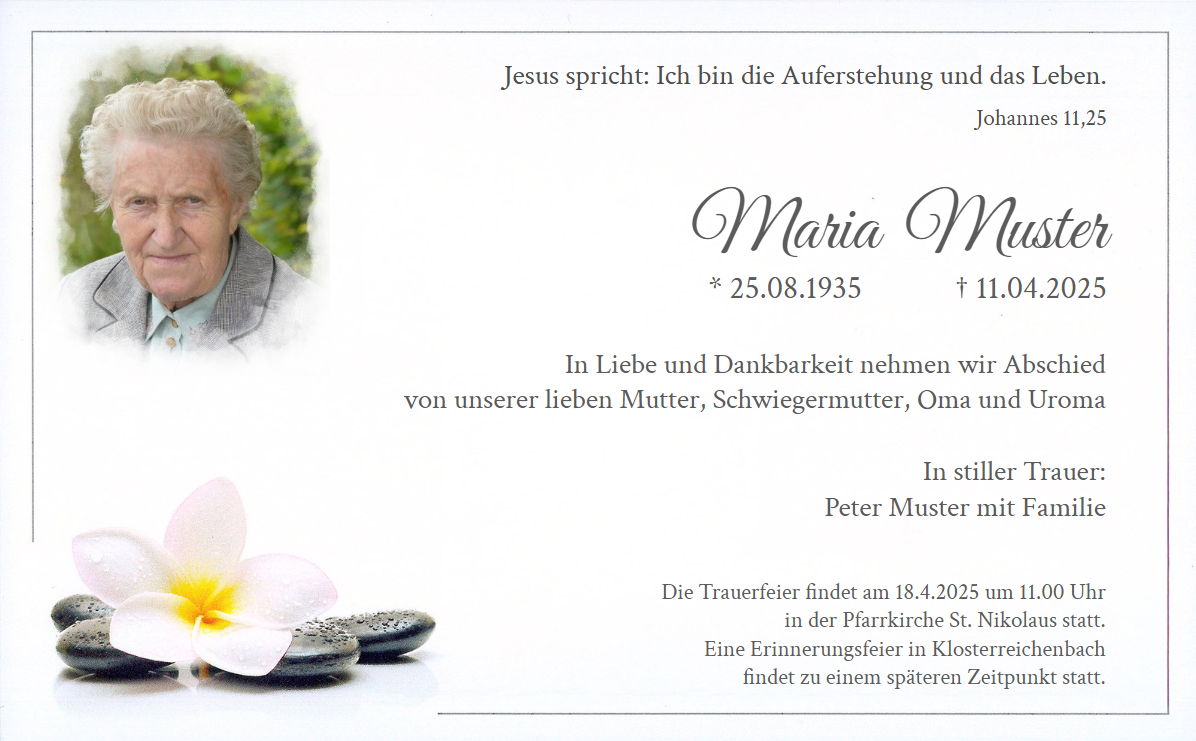 Traueranzeigekarte einseitig mit weißer Frangipani-Blüte und schwarzen Zen-Kiesel-Steinen.