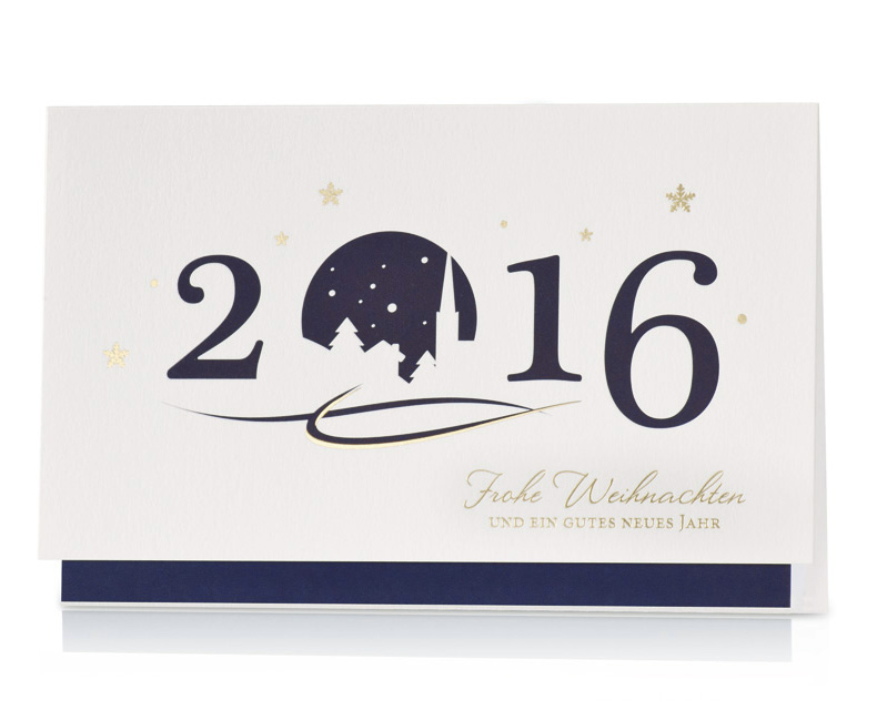 Festtagskarte weiß blau mit Dorfsilhouette und Jahreszahl 2016