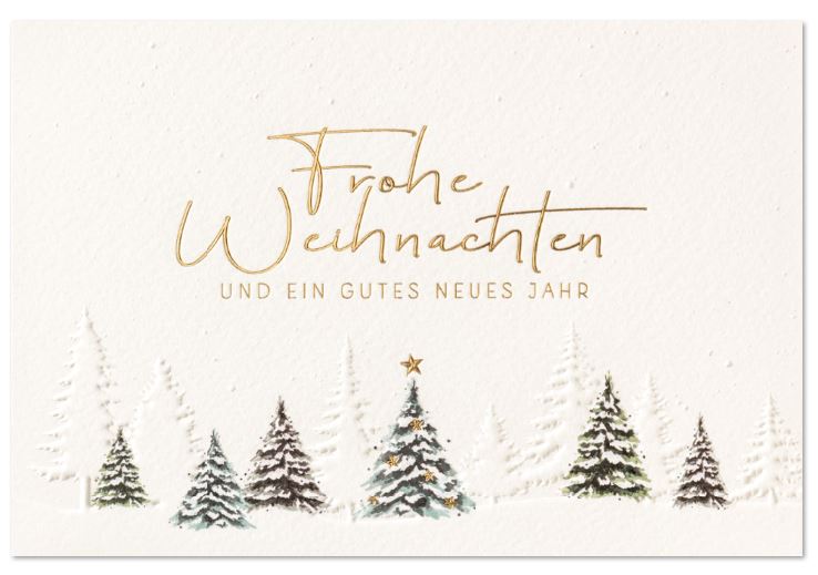 Weiße Weihnachtskarte "Zauberwald" mit fühlbarer Blindprägung und Goldfoliendruck von Tannen und Weihnachtsgruß