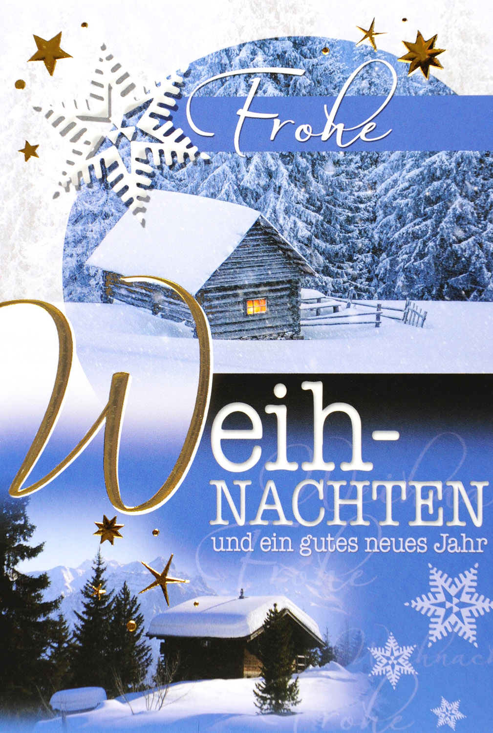 Weihnachtskarte Winterlandschaft mit Hütten in den Bergen