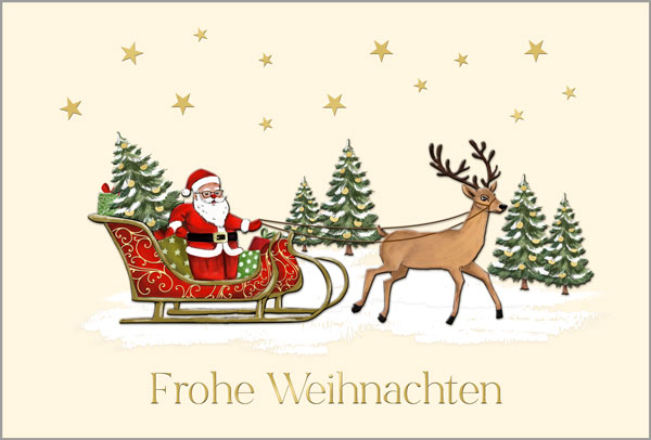 Traditionelle Weihnachts-Spendenkarte mit dem Weihnachtsmann im Schlitten und gutem Zweck: Deutsches Kinderhilfswerk e.V.