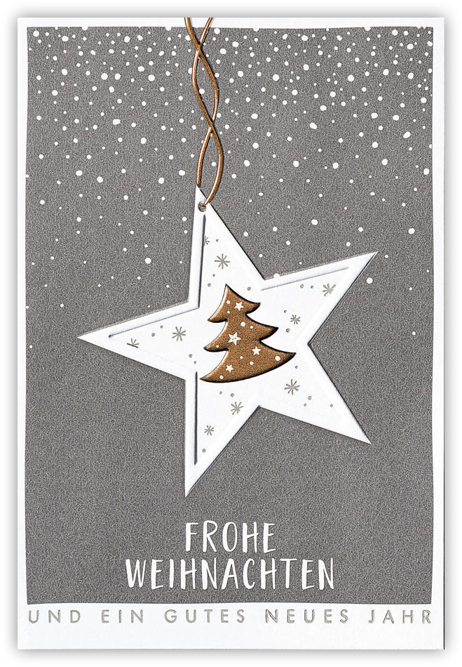 Festtagskarte weiß mit Stern und Weihnachtsbaum als Weihnachtsanhänger