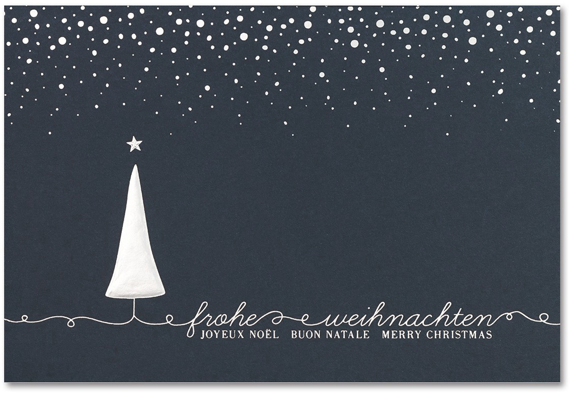 Weihnachtskarte nachtblau mit Weihnachtsbaum und Schneefall Frohe Weihnachten international