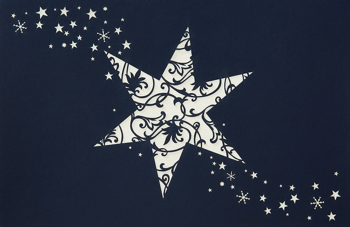 Weihnachtskarte nachtblau Laserstanzung Sterne mit Ornament