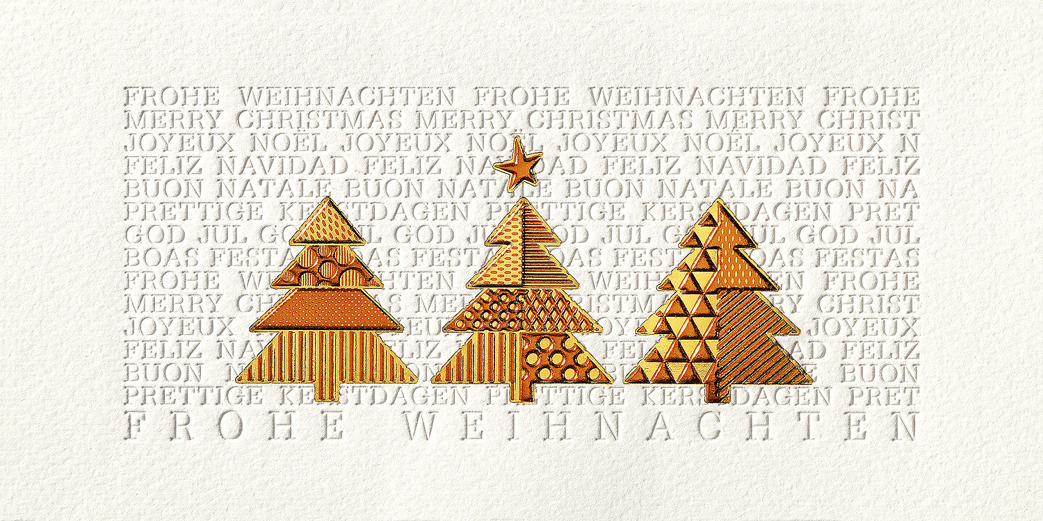 Weihnachtskarte creme mit drei Weihnachtsbäumen in gold & kupfer