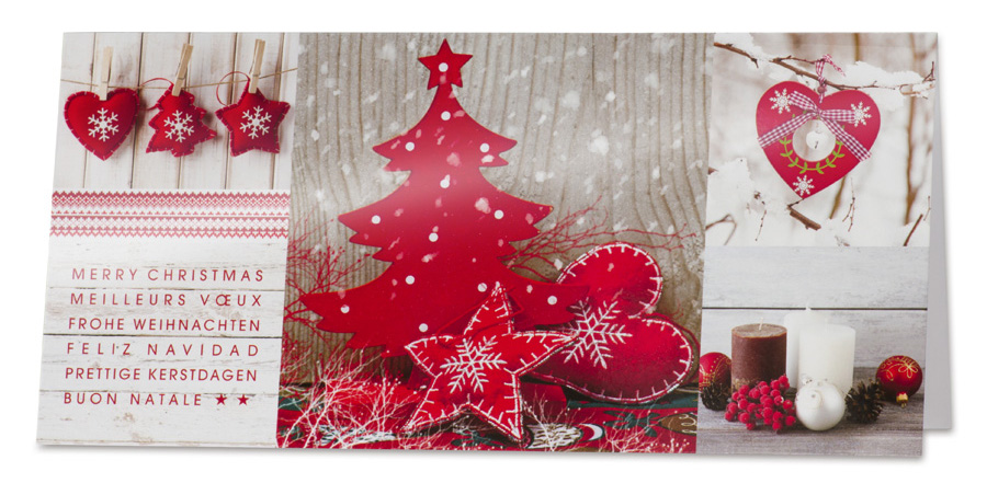 Weihnachtskarte weiß mit weihnachtlichen Foto-Motiven internationale Wünsche