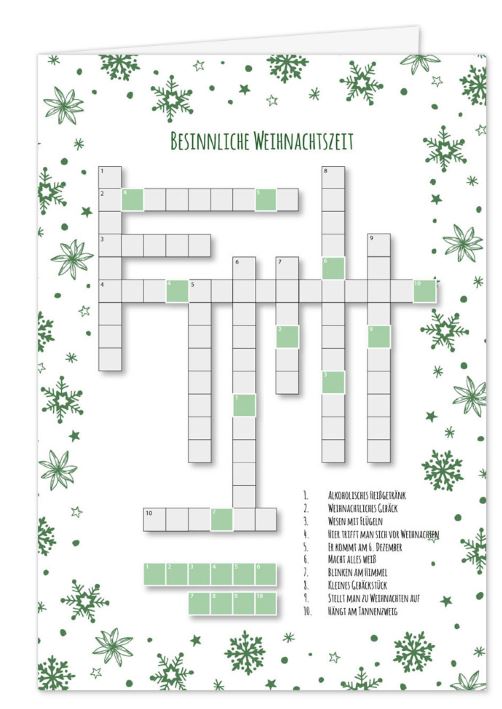 Originelle Rätsel-Weihnachtskarte als interaktive Klappkarte in Grün-Weiß mit Kreuzworträtsel & Eiskristallen