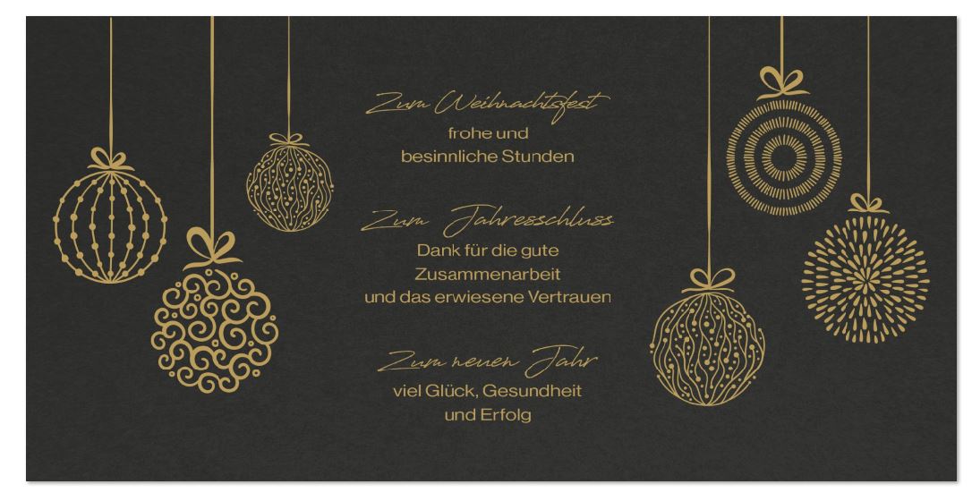 Exklusive Firmenweihnachtskarte in schwarz und gold mit Firmenweihnachtsgruß und hängenden Kugeln