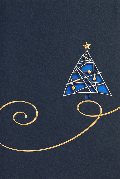 Weihnachtskarte nachtblau mit Weihnachtsbaum Einleger blau