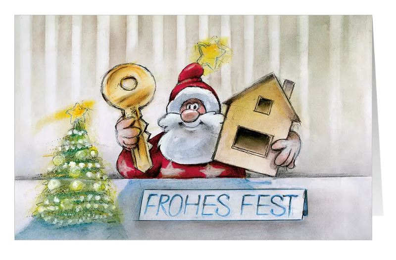 Heitere Weihnachtskarte "Schlüssel zum Glück" für Immobilienmakler, Bauträger, Hausverwaltungen, Immobilienbüro
