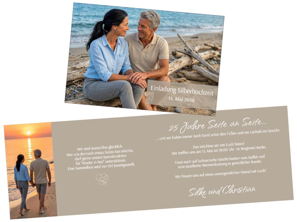 Foto-Einladungskarte zur Silberhochzeit "Strandgeflüster" mit eigenen Bildern und individueller Textgestaltung