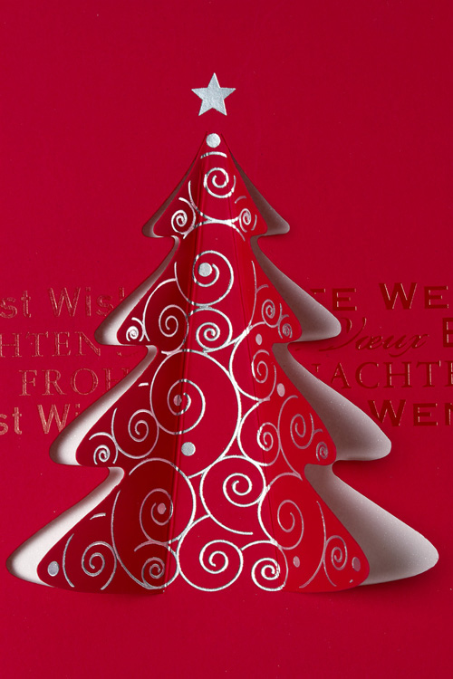 Weihnachtskarte rot mit silbernem Baum mit Konturstanzung