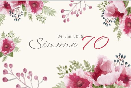 Einladungskarte zum 70. Geburtstag im floralen Aquarell-Design als Klappkarte mit eigenem Fotodruck auf der Innenseite