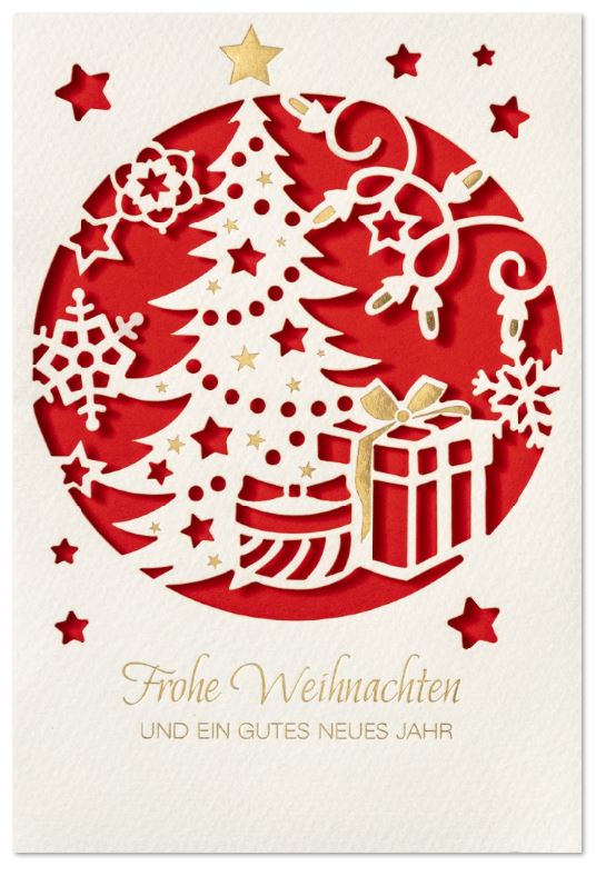 Exklusive Laser-Weihnachtskarte in cremeweiß mit filigraner Stanzung und Goldprägung, Einleger rot